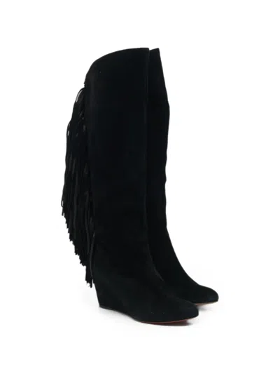 Pre-owned Christian Louboutin Fringe Wedge Boots In Black