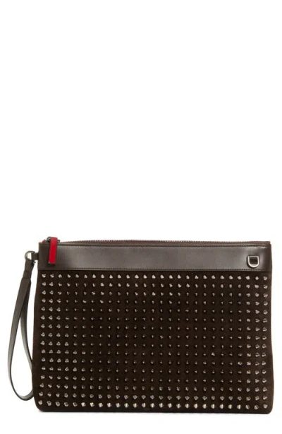 Christian Louboutin Funky Crosta Spikes Suede Wristlet Pouch In Brown