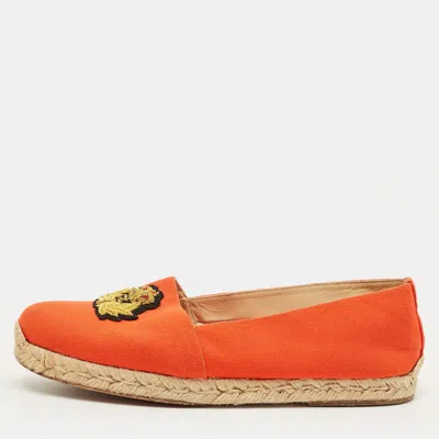 Pre-owned Christian Louboutin Gala Size 40 Orange Canvas Embroidered Crest Espadrille Flats