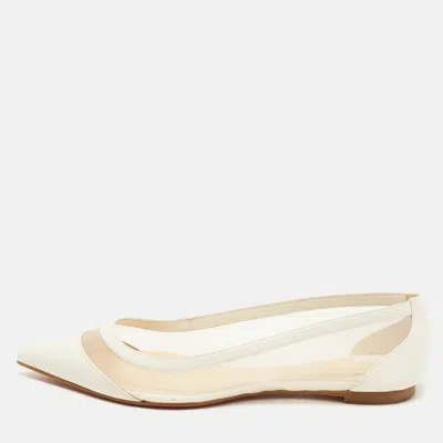 Pre-owned Christian Louboutin Galativi Size 37 White Leather And Mesh Ballet Flats