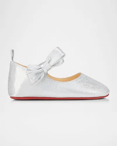 Christian Louboutin Kids' Girl's Lou Babe Shimmer Bow Ballerina Shoes, Baby In Silver