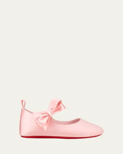 CHRISTIAN LOUBOUTIN GIRL'S LOU SATIN BOW BALLET FLATS, BABY