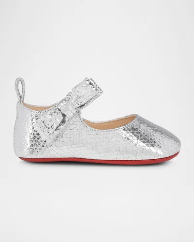 Christian Louboutin Kids' Girl's Lou Specchio Leather Bow Ballet Flats, Baby In Silver