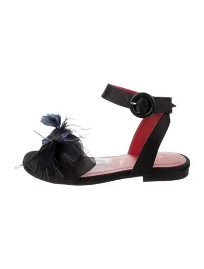 Pre-owned Christian Louboutin Kids' Girls' Satin Feather Trim Sandals In Black