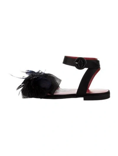 Pre-owned Christian Louboutin Kids' Girls' Satin Feather Trim Sandals W/tags In Black