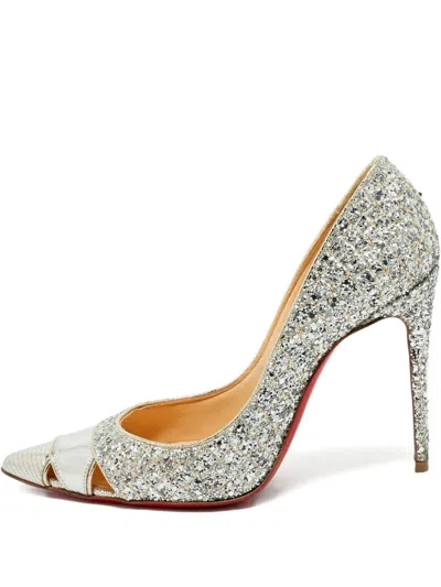 Pre-owned Christian Louboutin Glitter-embellished Pointed-toe Pumps In Silver