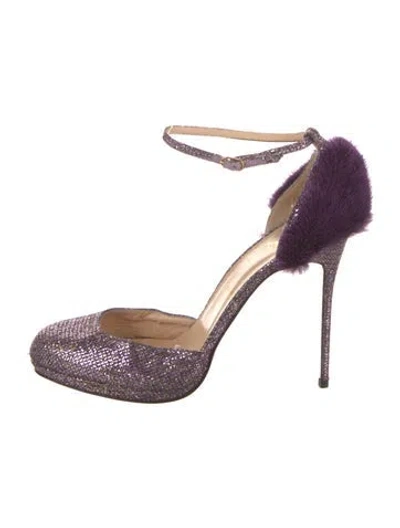 Pre-owned Christian Louboutin Glitter Fur Trim D'orsay Pumps In Purple