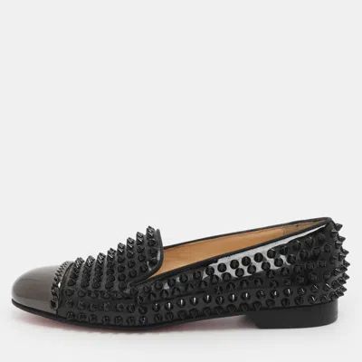 Pre-owned Christian Louboutin Glitz Metal Cap Toe Size 38 Black Patent Leather Smoking Slippers