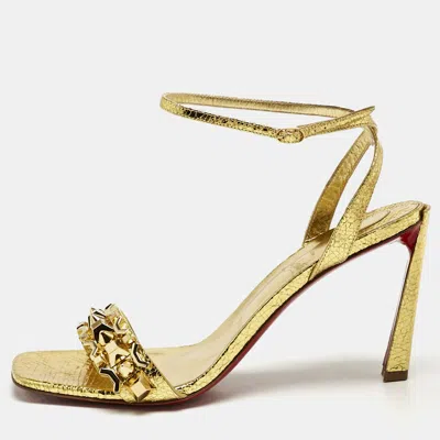 Pre-owned Christian Louboutin Gold Foil Crackled Leather Asteroispikes Ankle Strap Sandals Size 41