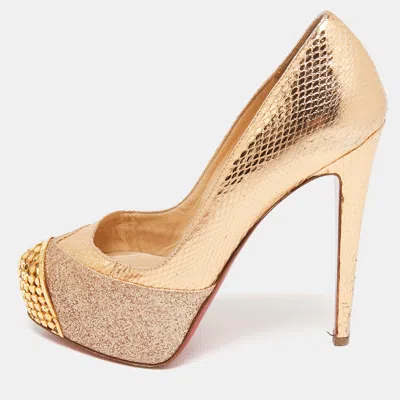 Pre-owned Christian Louboutin Gold Glitter & Snakeskin Embossed Leather Platform Pumps Size 35.5