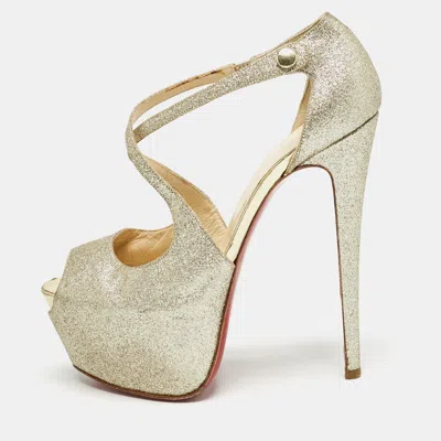 Pre-owned Christian Louboutin Gold Glitter Exagona Platform Sandals Size 38.5