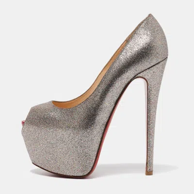 Pre-owned Christian Louboutin Gold Glitter Highness Peep Toe Platform Pumps Size 36.5