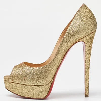 Pre-owned Christian Louboutin Gold Glitter Lady Peep Toe Platform Pumps Size 38.5