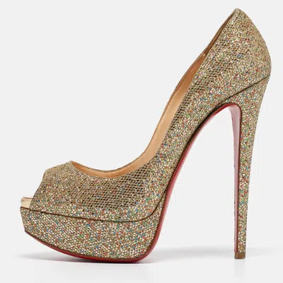 Pre-owned Christian Louboutin Gold Glitter Lady Peep Toe Pumps Size 36.5