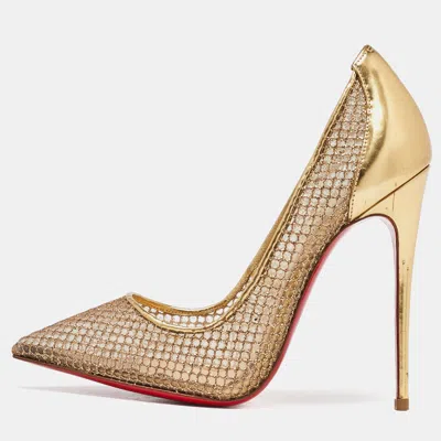 Pre-owned Christian Louboutin Gold Glitter Mesh And Leather Fishnet Pointed Toe Pumps Size 36