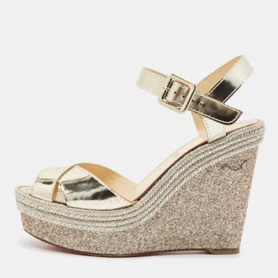 Pre-owned Christian Louboutin Gold Leather Almeria Espadrille Wedge Sandals Size 37