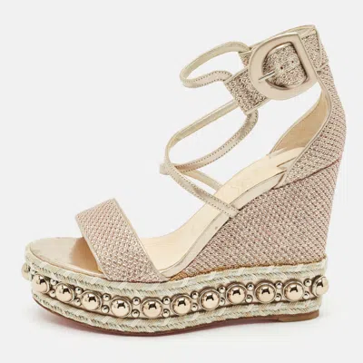 Pre-owned Christian Louboutin Gold Leather And Mesh Chocazeppa Wedge Sandals Size 36