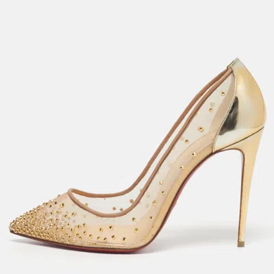 Pre-owned Christian Louboutin Gold Leather And Mesh Follies Strass Pumps Size 39