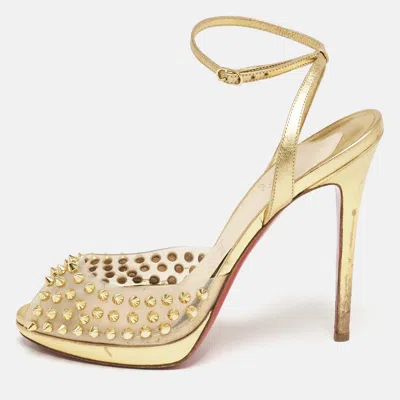 Pre-owned Christian Louboutin Gold Leather And Pvc Spiked St Jeannette Ankle Strap Sandals Size 39
