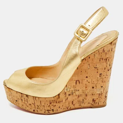 Pre-owned Christian Louboutin Gold Leather Cork Wedge Sandals Size 38