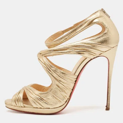 Pre-owned Christian Louboutin Gold Leather Kashou Ankle Strap Sandals Size 38.5