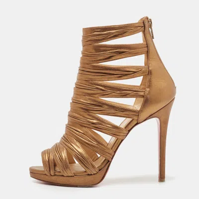 Pre-owned Christian Louboutin Gold Leather Tinazata Open Toe Ankle Boots Size 37