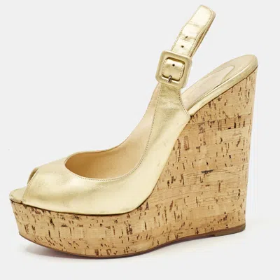 Pre-owned Christian Louboutin Gold Leather Une Plume Wedge Sandals Size 37