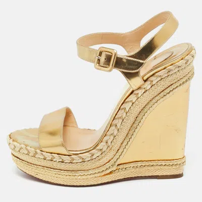 Pre-owned Christian Louboutin Gold Leather Wedge Sandals Size 39