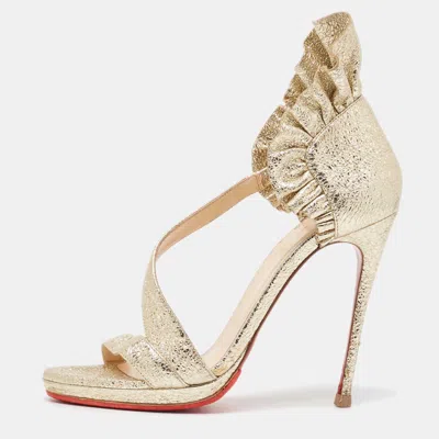 Pre-owned Christian Louboutin Gold Texture Leather Ruffle Embellishment Sandals Size 37