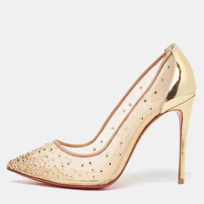 Pre-owned Christian Louboutin Gold/beige Mesh Follies Strass Pumps Size 36.5