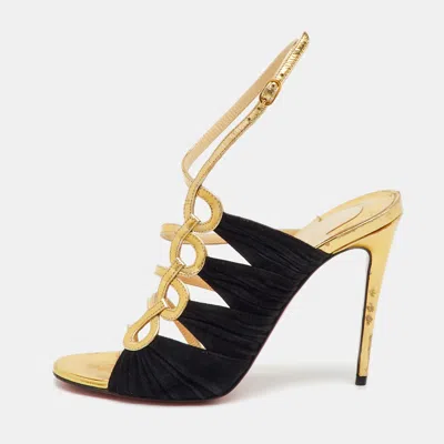Pre-owned Christian Louboutin Gold/black Patent Leather And Suede Tina Cage Sandals Size 36.5