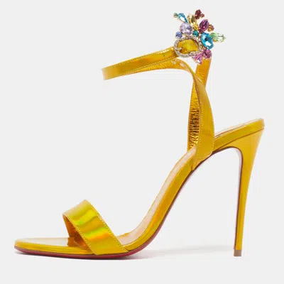 Pre-owned Christian Louboutin Goldie Jolie Size 37 Yellow Iridescent Leather Ankle Strap Sandals