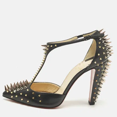 Pre-owned Christian Louboutin Goldostrap Size 37.5 Black Leather Spike Pumps