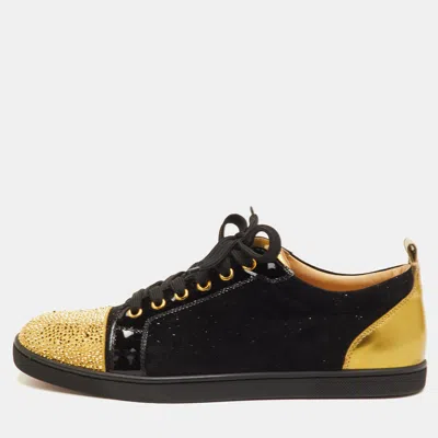 Pre-owned Christian Louboutin Gondola Strass Size 40.5 Black/gold Suede And Patent Leather Low Top Sneakers