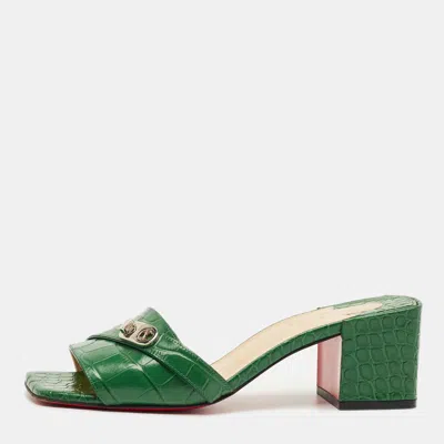 Pre-owned Christian Louboutin Green Croc Embossed Leather Lock Art Slide Sandals Size 38
