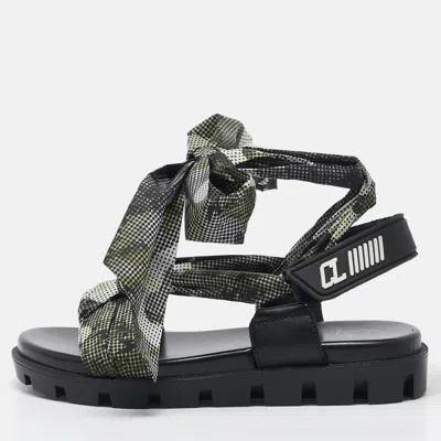 Pre-owned Christian Louboutin Green/black Fabric And Leather Slingback Sandals Size 37