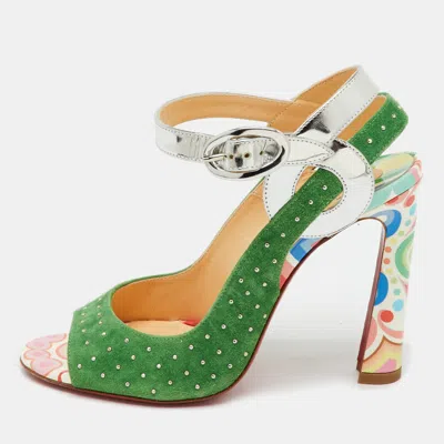 Pre-owned Christian Louboutin Green/silver Suede And Laminated Leather Studded Loopinga Sandals Size 37