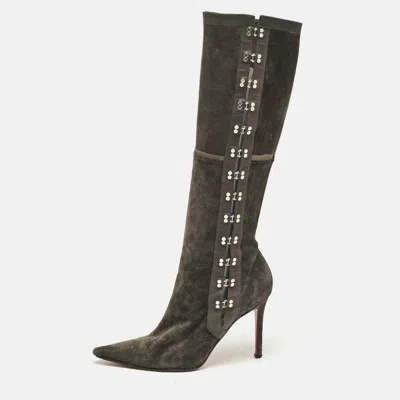 Pre-owned Christian Louboutin Grey Leather And Suede Knee Length Boots Size 37