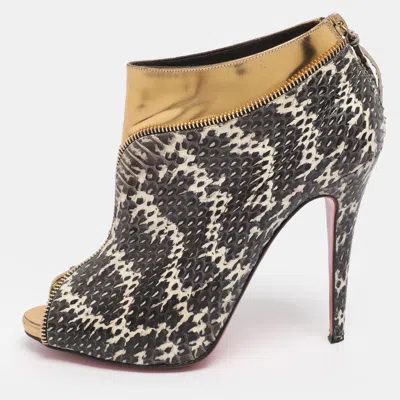 Pre-owned Christian Louboutin Grey/gold Foil Leather And Python Leather Col Zippe Booties Size 40 In Gray