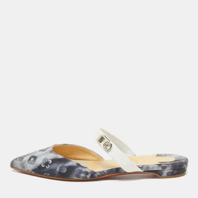 Pre-owned Christian Louboutin Grey/white Canvas And Leather Choc Lock Flat Mules Size 36.5