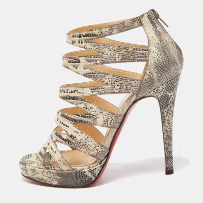Pre-owned Christian Louboutin Grey/yellow Lizard Leather 'fernando' Cage Sandals Size 37