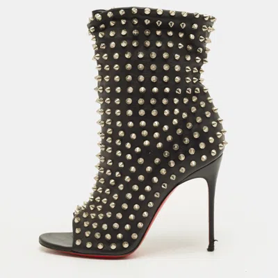 Pre-owned Christian Louboutin Guerilla Size 38 Black Leather Spike Open Toe Slouchy Ankle Length Boots