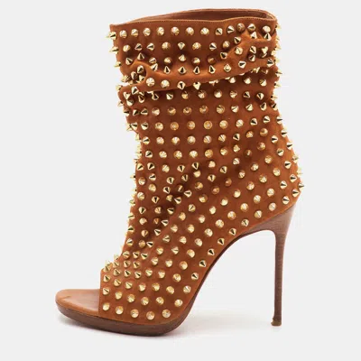 Pre-owned Christian Louboutin Guerilla Spiked Size 36.5 Brown Suede Ankle Length Boots