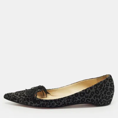 Pre-owned Christian Louboutin Gwalior Size 37.5 Black Leopard Flocked Velvet Ballet Flats