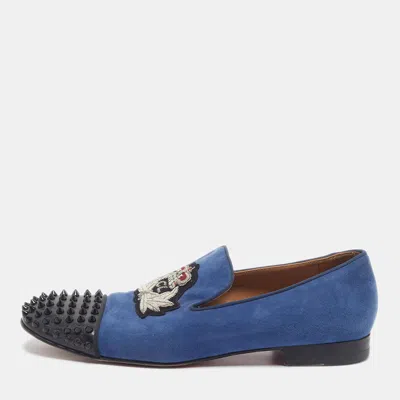Pre-owned Christian Louboutin Harvanana Size 42.5 Blue/black Patent Leather And Suede Smoking Slippers