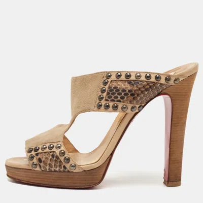 Pre-owned Christian Louboutin Hassaneta Size 38.5 Beige Leather And Suede Platform Sandals