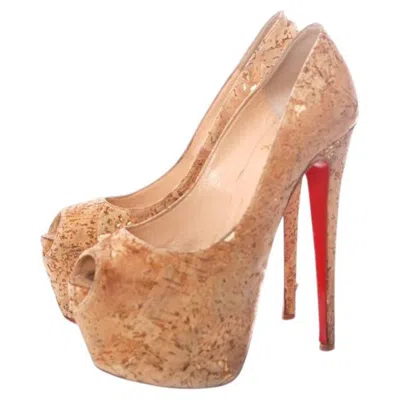 Pre-owned Christian Louboutin , Highness Cork Peep-toe Platform In Brown