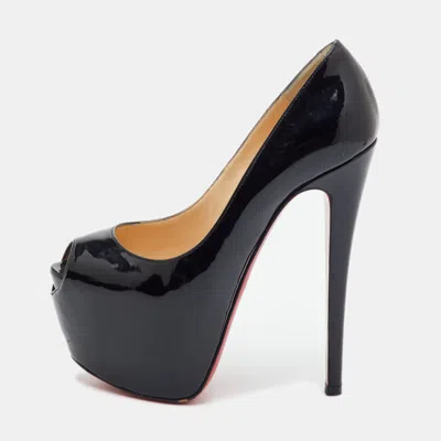 Pre-owned Christian Louboutin Highness Size 35.5 Black Patent Leather Peep Toe Platform Pumps