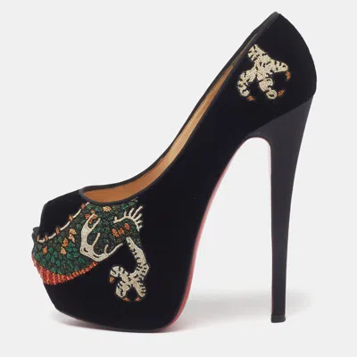 Pre-owned Christian Louboutin Highness Size 37 Black Dragon Tattoo Velvet Platform Pumps