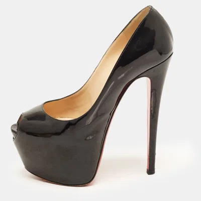 Pre-owned Christian Louboutin Highness Size 37 Black Patent Leather Peep Toe Platform Pumps
